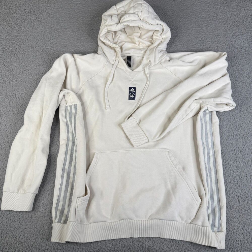 LA GALAXY Hoodie Mens XL White MLS Soccer Pullover Three Stripe Adidas Sweater